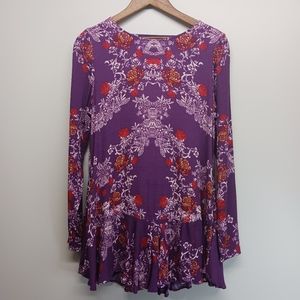 Free People Floral Mini Dress Women Size S Purple Long Sleeve Relaxed Girly Fall